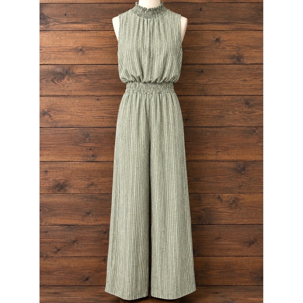 She + Sky Wide Leg Jumpsuit Women's L Sage Green Smocked Cottagecore Boho Flowy